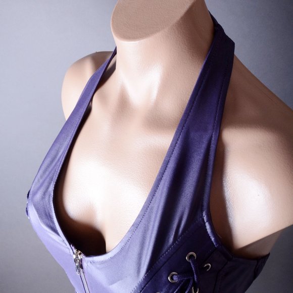 Purple Lace Up Elastic Halter Padded Bust Sexy Gothic Steampunk Corset Top Vest - Picture 5 of 6